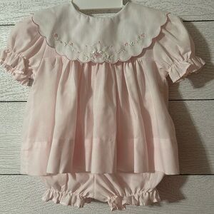 Alexis newborn pink dress with bloomers embroidered bib